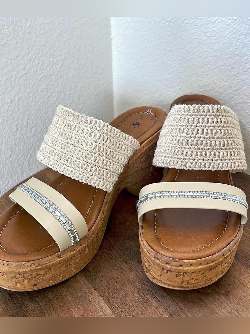 Woven Cream Platform Slide Sandals with Beaded Accent